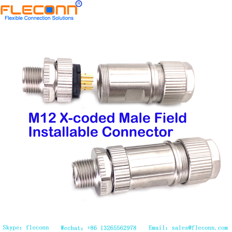 M12 X-coded 8 Pole Male Shielded Cable Connector