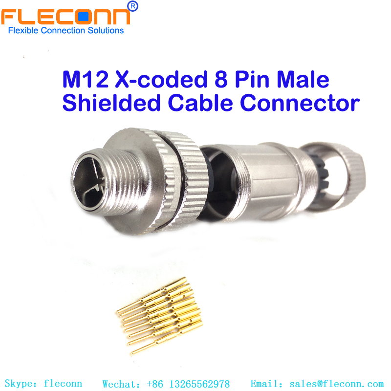 M12 X-coded 8 Pole Male Shielded Cable Connector
