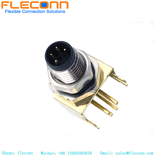 M8 4 Pin Male Right Angle Panel Mount Connector, PCB DIP Solder Terminals