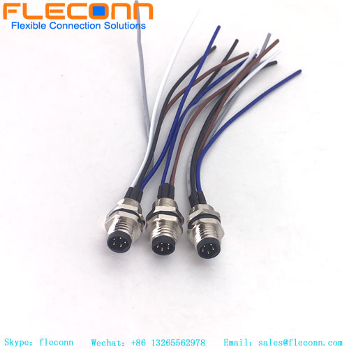 M8 B-code 5 Pole Front Panel Mount Connector With Soldered Wire Pigtails