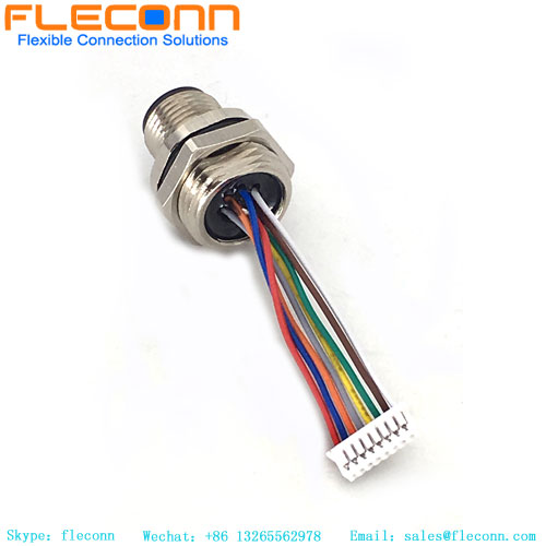 m12 panel mount connector A-code 8 pole with pre-assembled wires pigtail