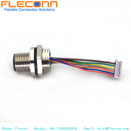 m12 panel mount connector A-code 8 pole with pre-assembled wires pigtail