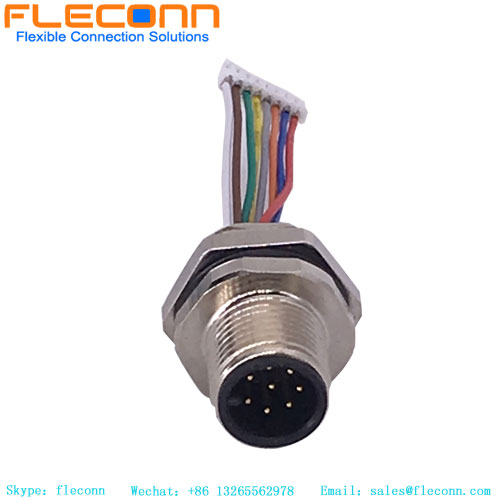 m12 panel mount connector A-code 8 pole with pre-assembled wires pigtail
