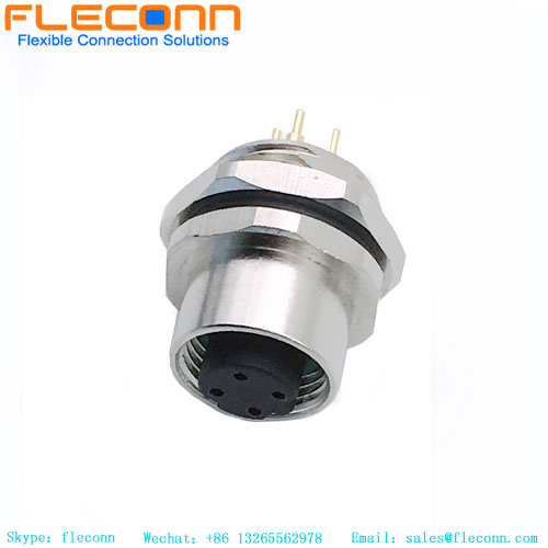 M12 PCB Panel Mount Connector, 4 Pins, Female, Rear Hex Nut Lock